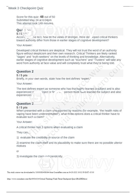 Week 3 Checkpoint Quiz Critical Reasoning