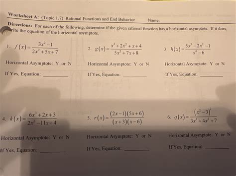 Worksheet A Topic 1.7 Rational Functions And End Behavior