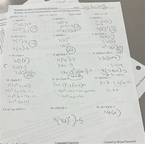 Worksheet A Topic 2.7 Composition Of Functions